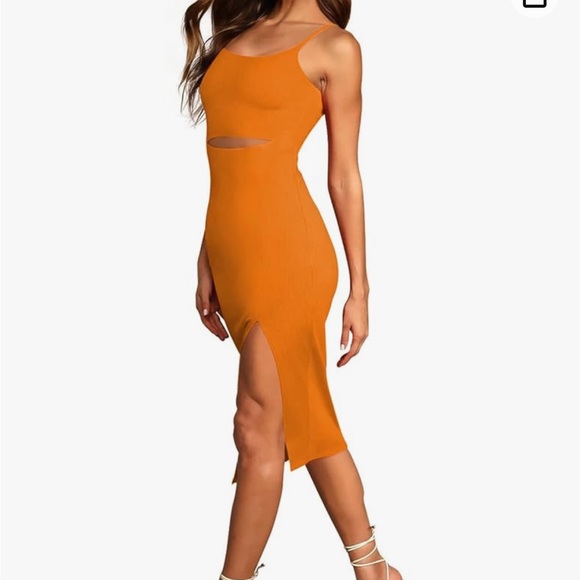 Spaghetti Strap Cutout Side Slit Ribbed Knee Length Bodycon Midi Dress - Picture 3 of 3